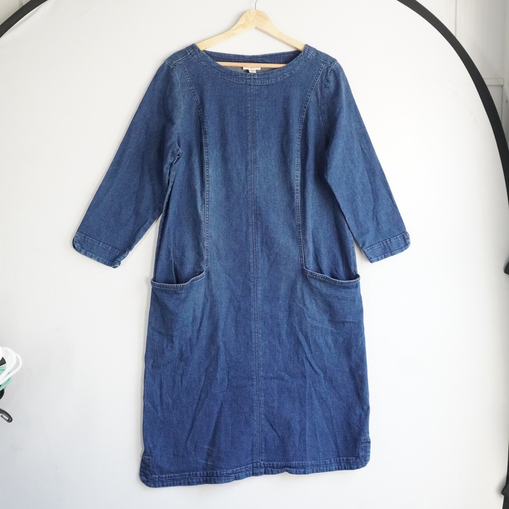 J.Jill Denim Blue Shift Dress M Tall 3/4 Sleeve Pocket Boat Neck Coastal Grandma